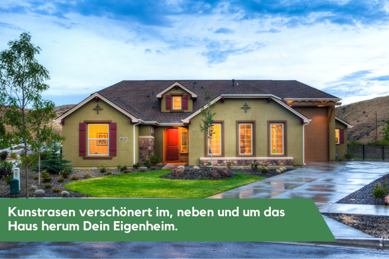 Eigenheim mit Kunstrasen im Vorgarten.