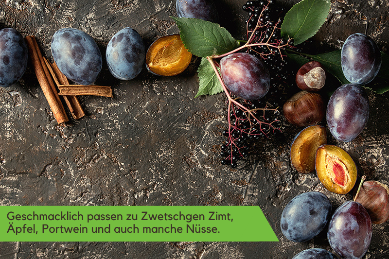 Zwetschgen, Kastanien, Zimt, Minze und Holunderblüten wurden zusammen als saisonale Früchte auf einer Steinplatte angeordnet. Die Beschriftung lautet: "Geschmacklich passen zu Zwetschgen Zimt, Äpfel, Portwein und auch manche Nüsse."