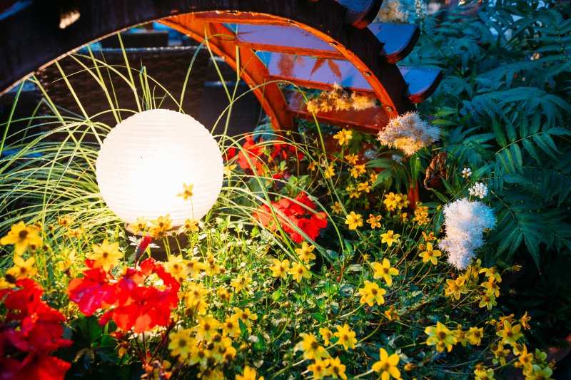 Ein runder Gartenstrahler, der zwischen verschiedenen Blumen leuchtet und diese auch im Dunkeln schön hervor bringt.